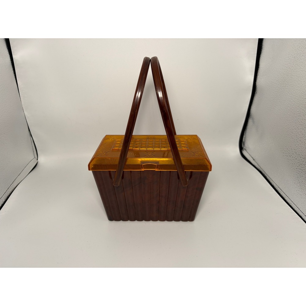 Vintage Amber Lucite Box Handbag w/ Handles | Mid Century Plastic Purse